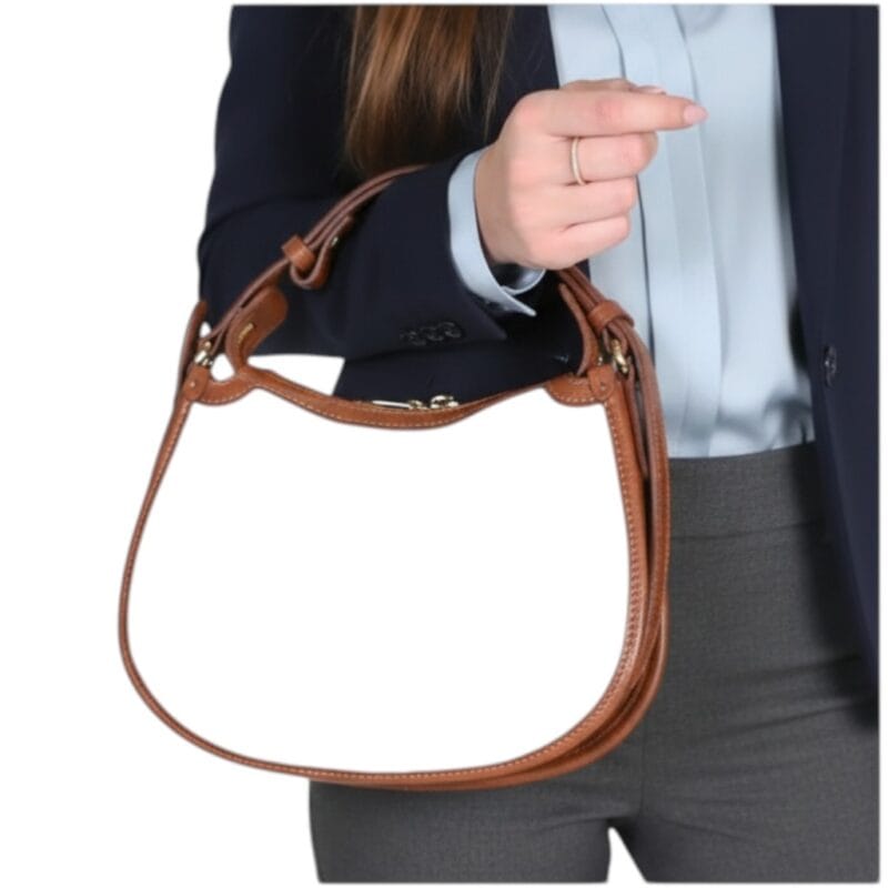 Leren Handtas Nuccia beige half ronde schoudertas cognac hengsels details chique trendy dames tassen leer kopen model