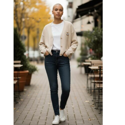 taupe Vest Teddy Bear taupe dames truien gebreid beer print trendy leuke sweaters pink teddy kopen bestellen fashion details model