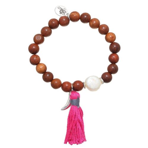 Armband-Haaientand-bruin-bruine-kralen-armband-zilveren-bedel-en-roze-kwastje-boho-dames-sieraden-armbanden