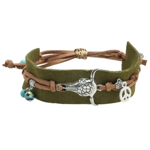 Armband-boho-charms-groen-groene-seudine-armband-zilveren-bedels-bull-peace-dames-armbanden-koord-veters-shop-online