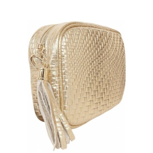 Gouden Geweven Leren Cameratas goud met kwastje trendy chique dames tassen kopen bestellen zij