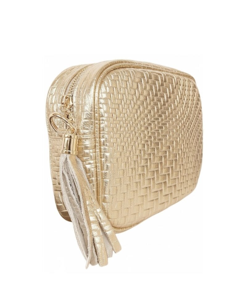 Gouden Geweven Leren Cameratas goud met kwastje trendy chique dames tassen kopen bestellen zij