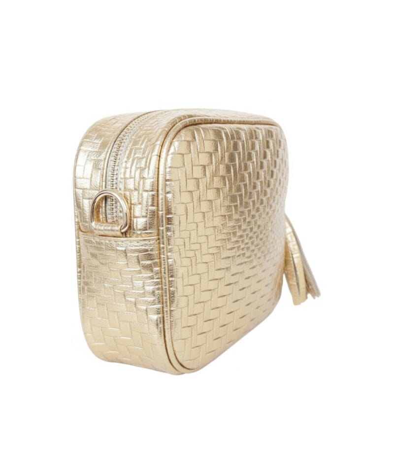 Gouden Geweven Leren Cameratas goud met kwastje trendy chique dames tassen kopen bestellen zijkant