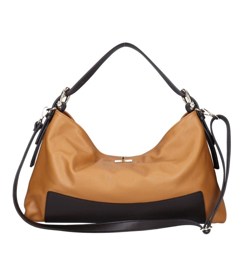 Leren Handtas Jasmine cognac leren schoudertas donker bruin bruine hengsels details zachte ruime leren dames tassen italie kopen achter
