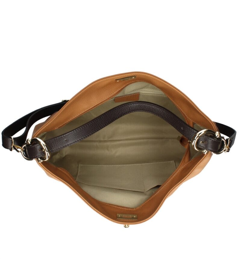 Leren Handtas Jasmine cognac leren schoudertas donker bruin bruine hengsels details zachte ruime leren dames tassen italie kopen open