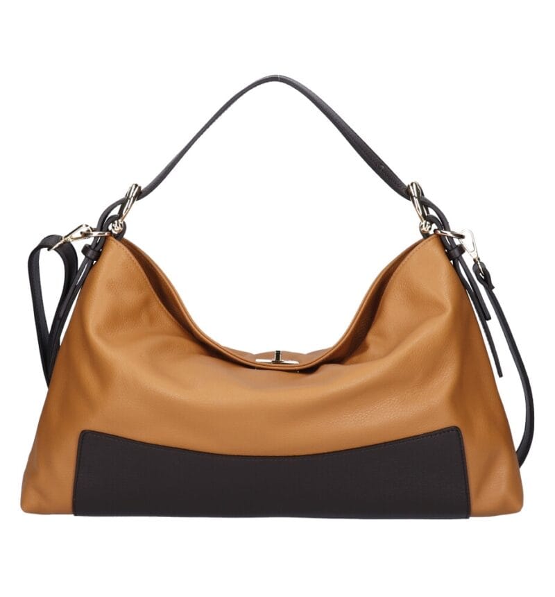 Leren Handtas Jasmine cognac leren schoudertas donker bruin bruine hengsels details zachte ruime leren dames tassen italie kopen voor