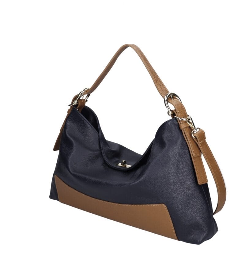 Leren Handtas Jasmine donker blauw blauwe navy leren schoudertas cognac hengsels details zachte ruime leren dames tassen italie kopen