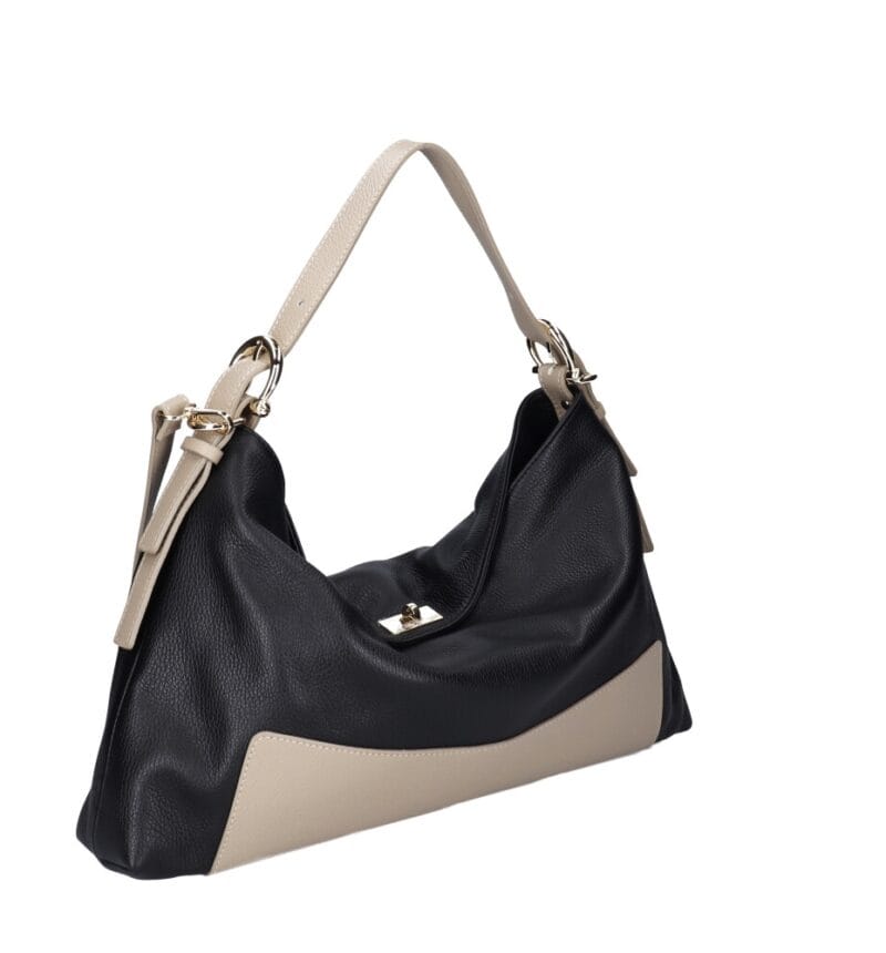Leren Handtas Jasmine zwart zwarte leren schoudertas beige hengsels details zachte ruime leren dames tassen italie kopen voor