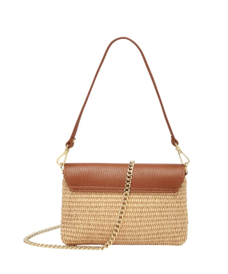 Leren Schoudertas Raffia Love cognac leren schoudertas raffia met leer houten draaislot lang gouden kettinghengsel musthave fashion bags tassen kopen achterkant-Photoroom