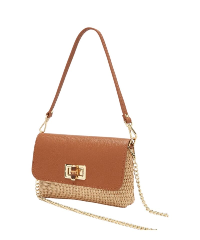 Leren Schoudertas Raffia Love cognac leren schoudertas raffia met leer houten draaislot lang gouden kettinghengsel musthave fashion bags tassen kopen zij-Photoroom