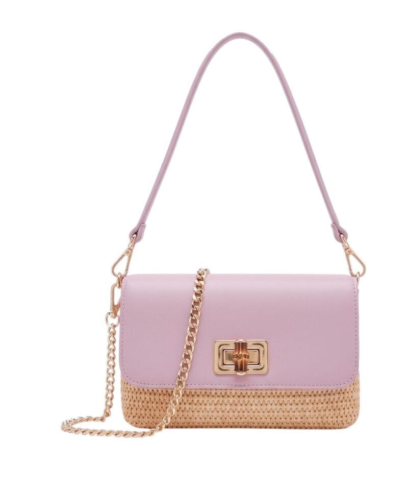 Leren Schoudertas Raffia Love lila roze leren schoudertas raffia met leer houten draaislot lang gouden kettinghengsel musthave fashion bags tassen kopen-Photoroom