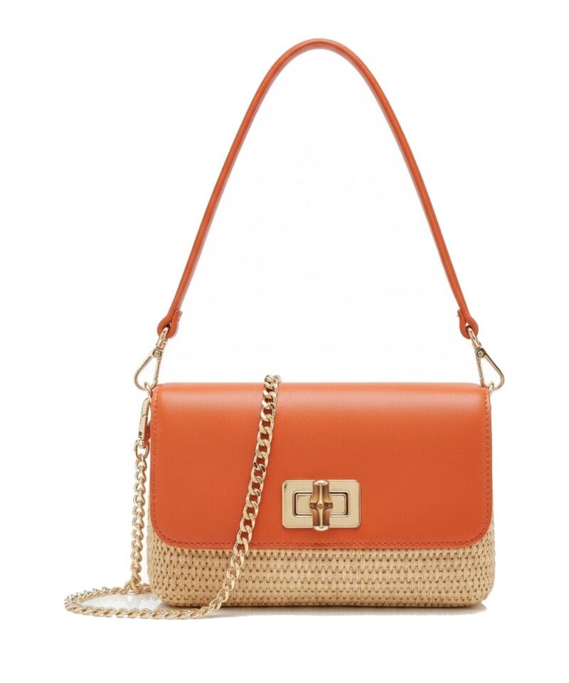 Leren Schoudertas Raffia Love oranje orange leren schoudertas raffia met leer houten draaislot lang gouden kettinghengsel musthave fashion bags tassen kopen