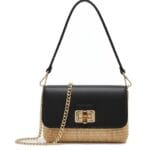 Leren Schoudertas Raffia Love zwart zwarte leren schoudertas raffia met leer houten draaislot lang gouden kettinghengsel musthave fashion bags tassen kopen 1