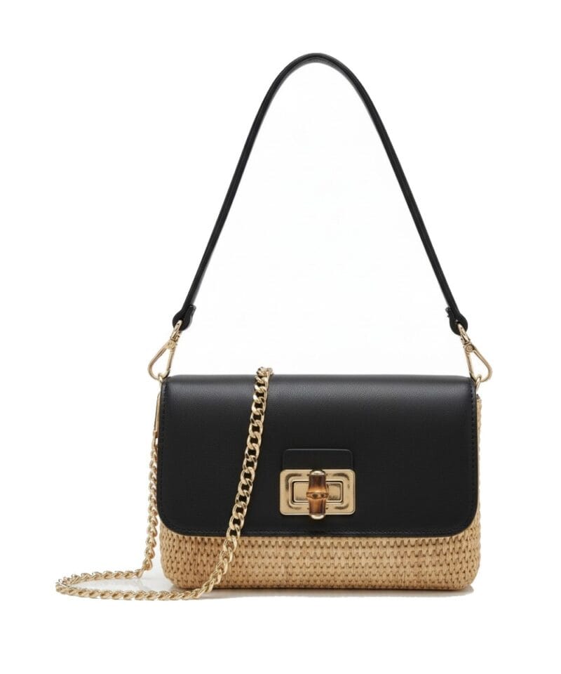Leren Schoudertas Raffia Love zwart zwarte leren schoudertas raffia met leer houten draaislot lang gouden kettinghengsel musthave fashion bags tassen kopen 1