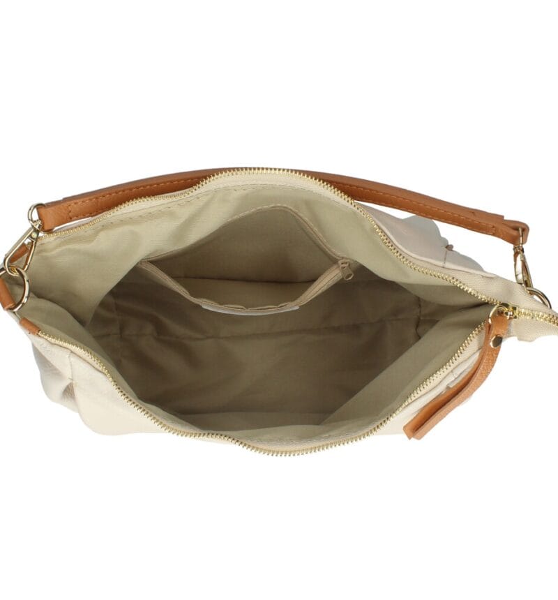 Leren Schoudertas Rosan beige ruime zacht leren schoudertas cognac hengsel details leder tassen dames kopen bestellen open