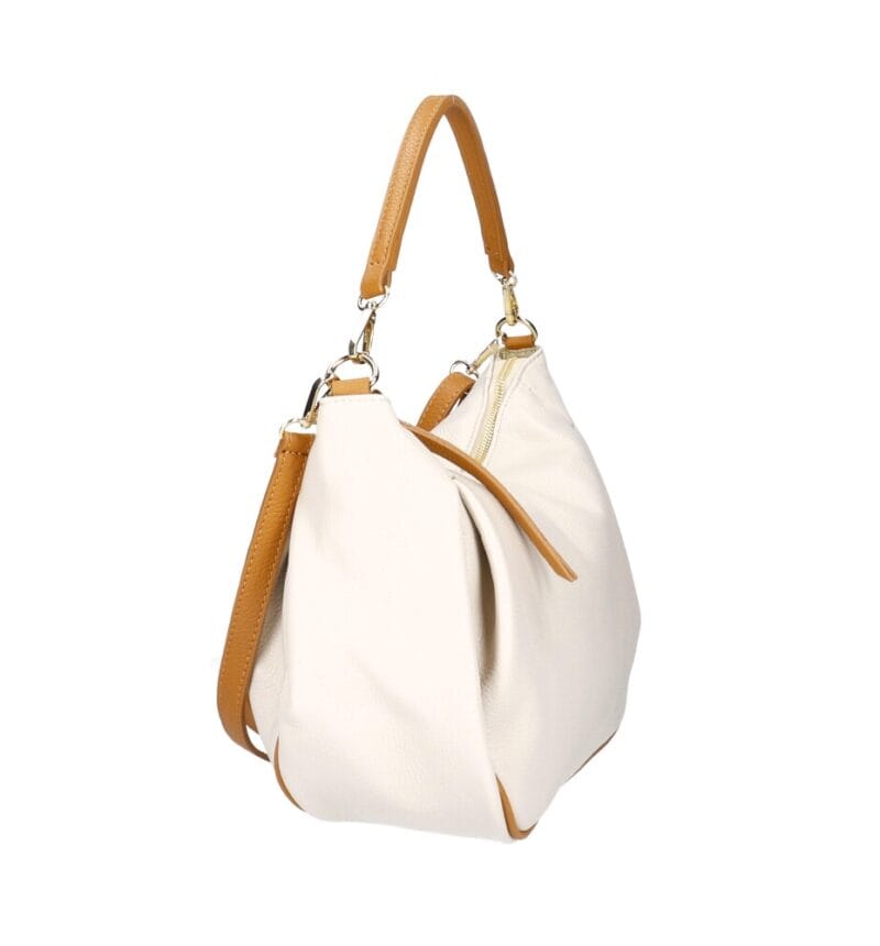 Leren Schoudertas Rosan beige ruime zacht leren schoudertas cognac hengsel details leder tassen dames kopen bestellen zijkant