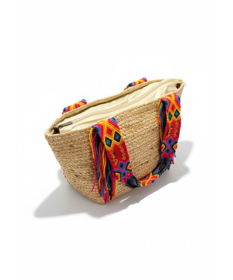 Strandtas Boho Ibiza jutte manden strandtassen tassen kleurrijke hengsels boho tas kopen bestellen fashion open