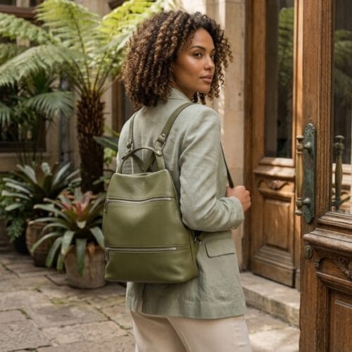 Leren Rugtas Azelia olijfgroen groene dames rugtassen ritsen handtas luxe ruime rugtas kopen bestellen kantoor school model