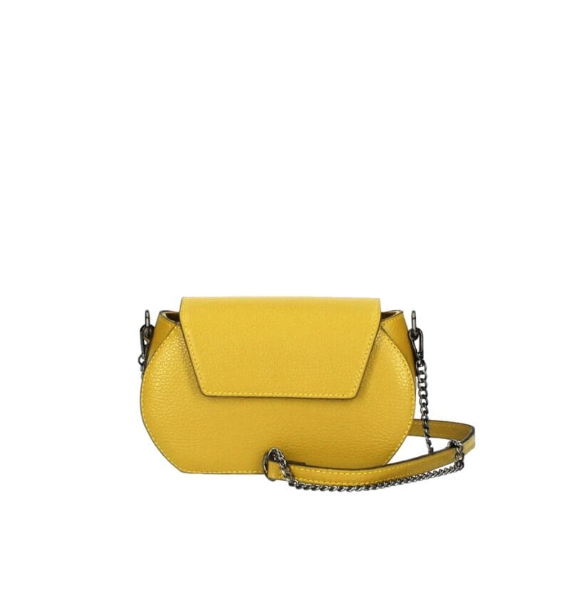 Leren Schoudertas Atena mosterdgeel gele leren schoudertassen donker metalen kettinghengsel crossbodytassen kopen bestellen italie