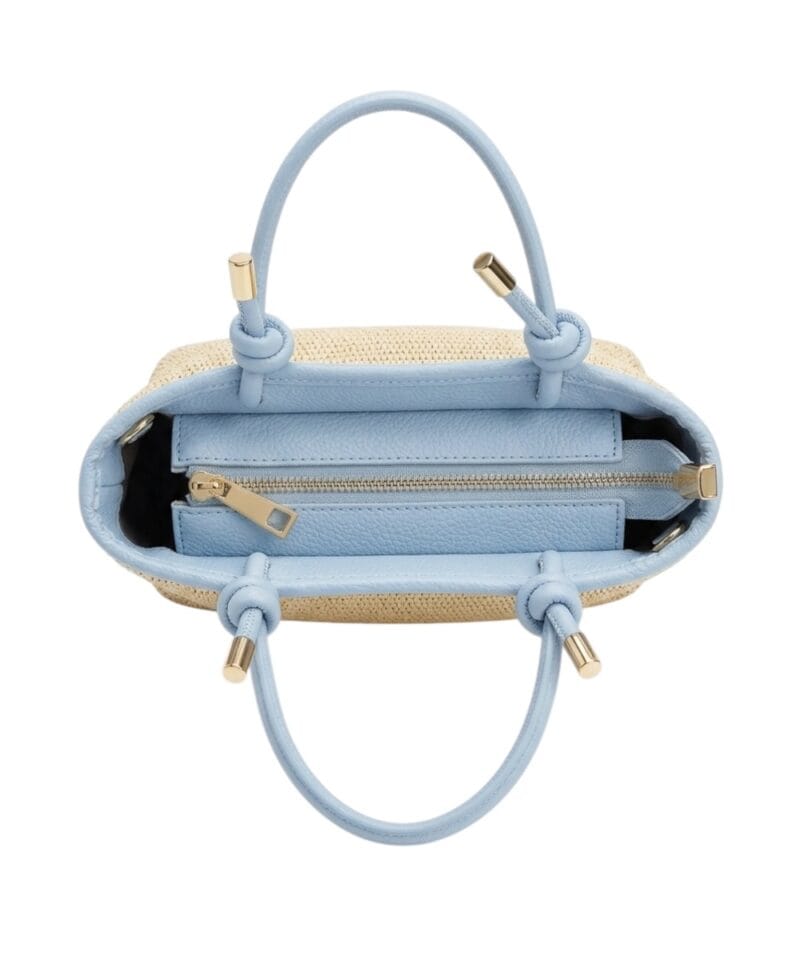 Rattan Handtas Leren Hengsels mand lichtblauw babyblauw chique dames tassen lang leren hengsel bovenkant