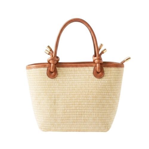 Rattan Handtas Leren Hengsels met knoopdetails mand cognac chique dames tassen lang leren hengsel
