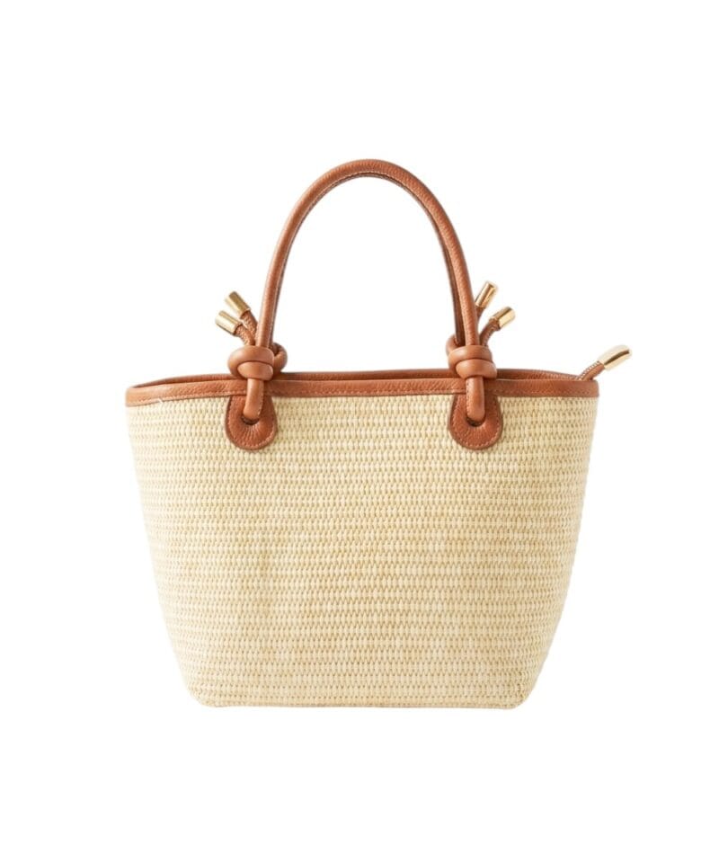 Rattan Handtas Leren Hengsels met knoopdetails mand cognac chique dames tassen lang leren hengsel