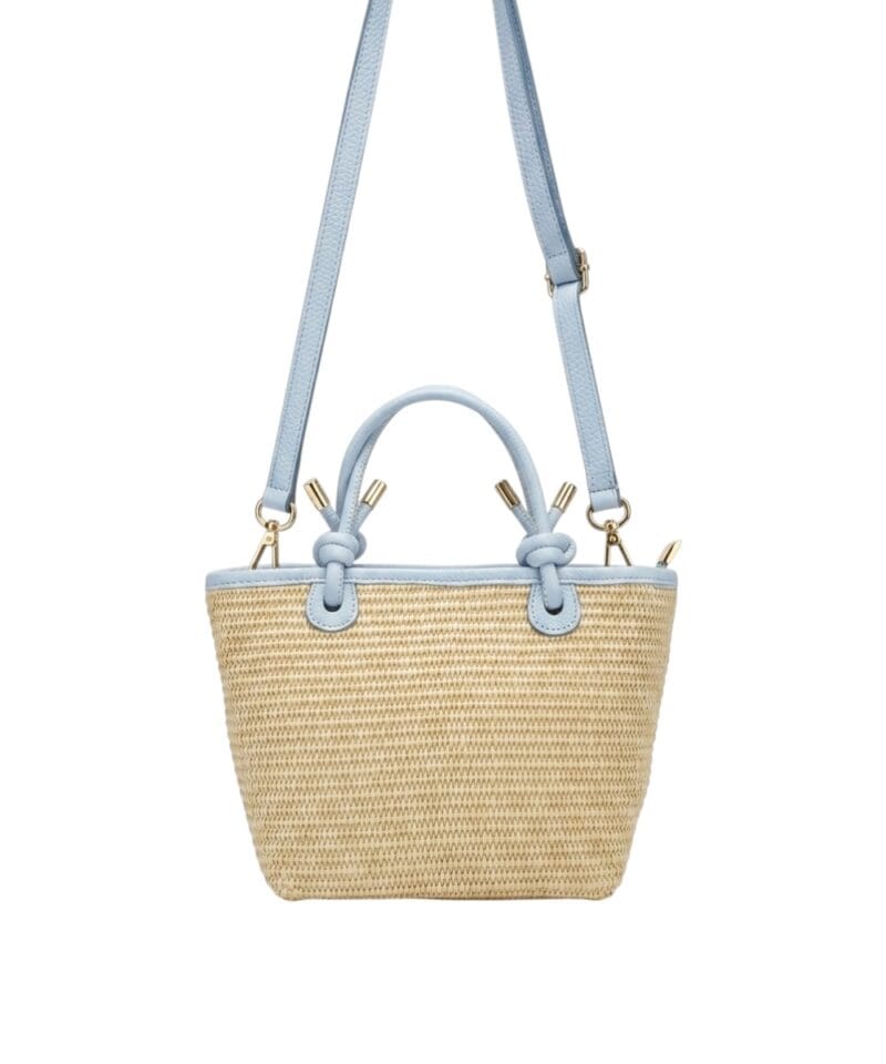 Rattan Handtas Leren Hengsels met knoopdetails mand lichtblauw babyblauw chique dames tassen lang leren hengsel