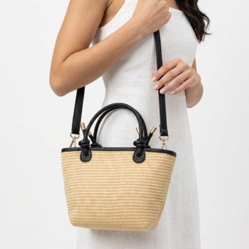 Rattan Handtas Leren Hengsels met knoopdetails mand zwart zwarte chique dames tassen lang leren hengsel goud beslag model