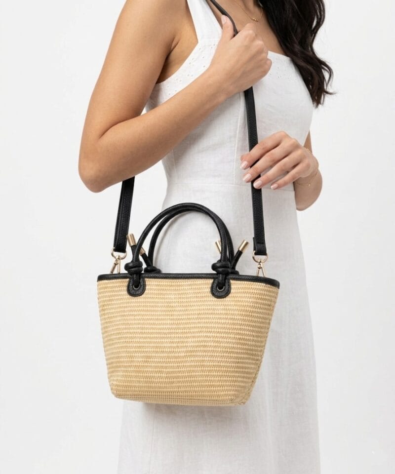 Rattan Handtas Leren Hengsels met knoopdetails mand zwart zwarte chique dames tassen lang leren hengsel goud beslag model