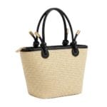 Rattan Handtas Leren Hengsels met knoopdetails mand zwart zwarte chique dames tassen lang leren hengsel zijkant