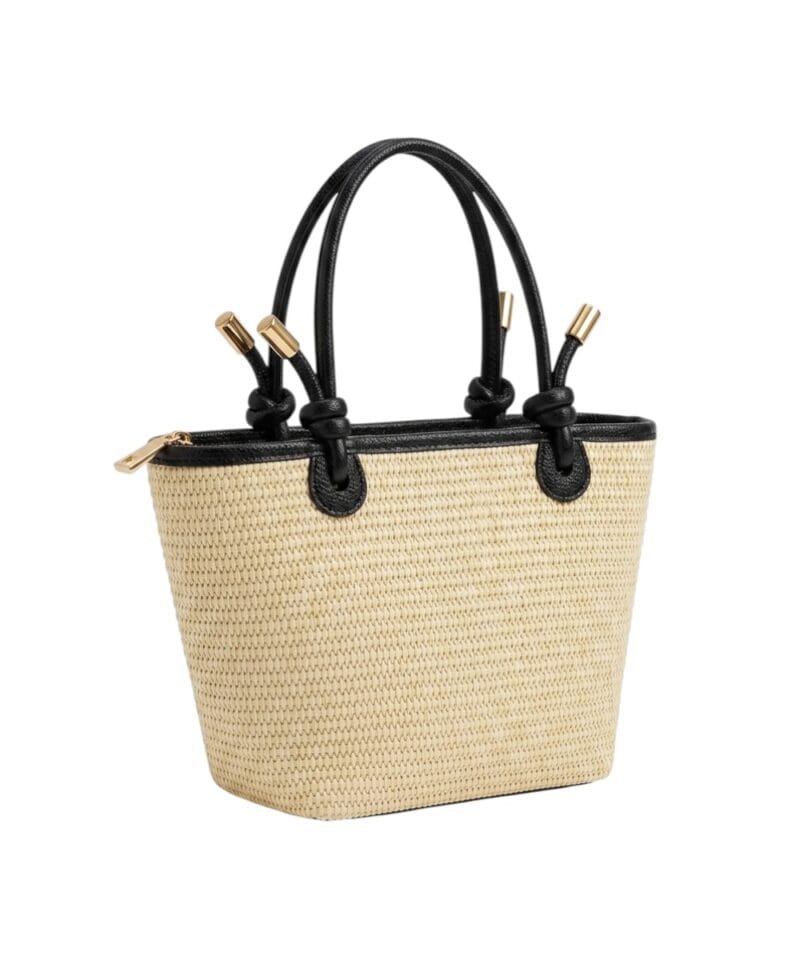 Rattan Handtas Leren Hengsels met knoopdetails mand zwart zwarte chique dames tassen lang leren hengsel zijkant
