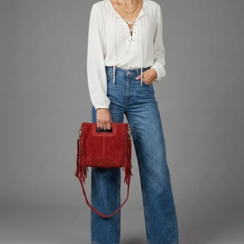 Suede Handtas Lauren Fringe rood rode trendy dames schoudertassen leer suede fringe zijkanten lang hengsel model 1
