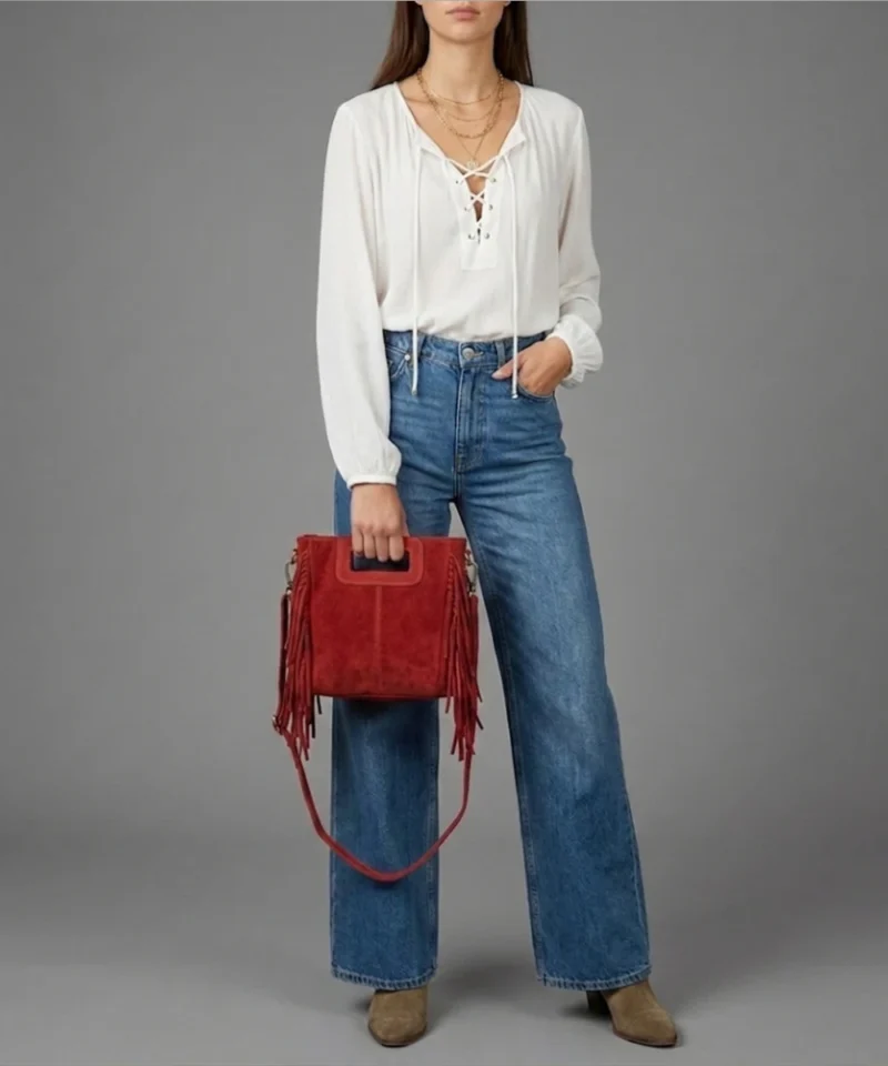 Suede Handtas Lauren Fringe rood rode trendy dames schoudertassen leer suede fringe zijkanten lang hengsel model 1