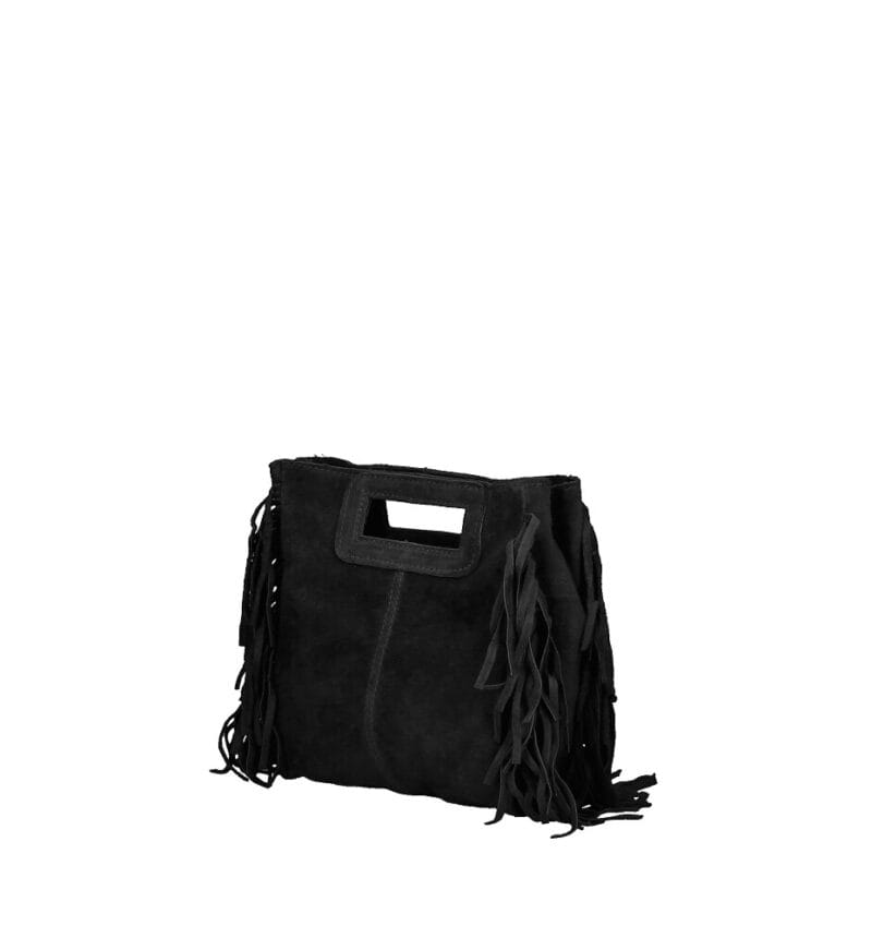 Suede Handtas Lauren Fringe zwart zwarte trendy dames schoudertassen leer suede fringe zijkanten