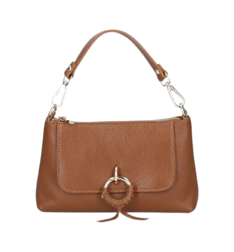 Leren Handtas Rada donkercognac cognac leren handtas gouden circel detail met langhengsel pouchette dames tassen leder leer kopen bestellen-Photoroom