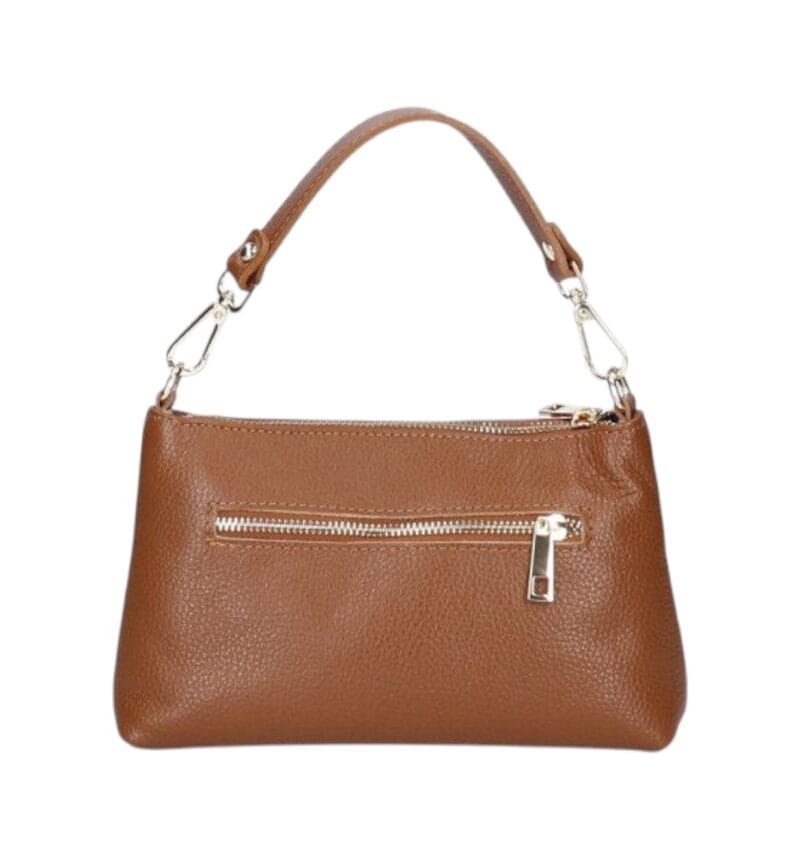 Leren Handtas Rada donkercognac cognac leren handtas gouden circel detail met langhengsel pouchette dames tassen leder leer kopen bestellen achterkant-Photoroom