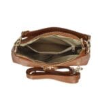 Leren Handtas Rada donkercognac cognac leren handtas gouden circel detail met langhengsel pouchette dames tassen leder leer kopen bestellen binnenkant-Photoroom