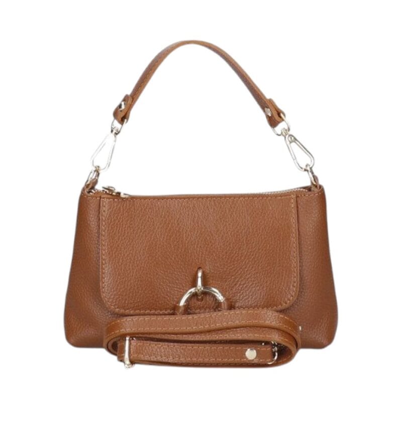 Leren Handtas Rada donkercognac cognac leren handtas gouden circel detail met langhengsel pouchette dames tassen leder leer kopen bestellen details-Photoroom
