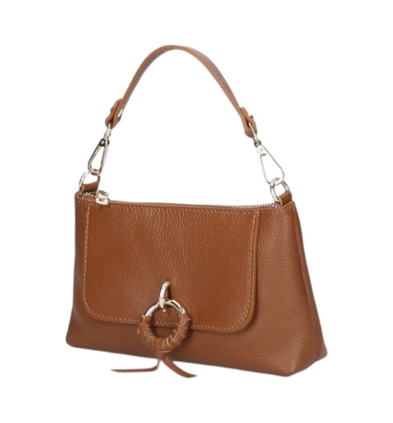 Leren Handtas Rada donkercognac cognac leren handtas gouden circel detail met langhengsel pouchette dames tassen leder leer kopen bestellen zij-Photoroom