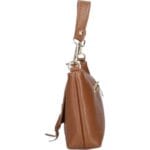 Leren Handtas Rada donkercognac cognac leren handtas gouden circel detail met langhengsel pouchette dames tassen leder leer kopen bestellen zijkant-Photoroom