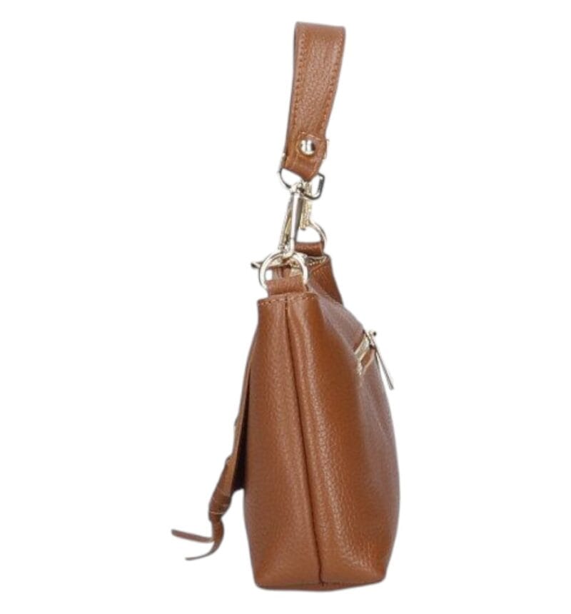 Leren Handtas Rada donkercognac cognac leren handtas gouden circel detail met langhengsel pouchette dames tassen leder leer kopen bestellen zijkant-Photoroom