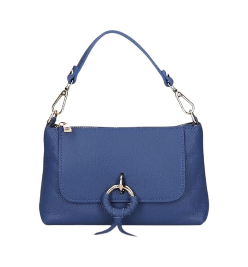 Leren Handtas Rada jeansblauw blauwe leren handtas gouden circel detail met langhengsel pouchette dames tassen leder leer kopen bestellen-Photoroom