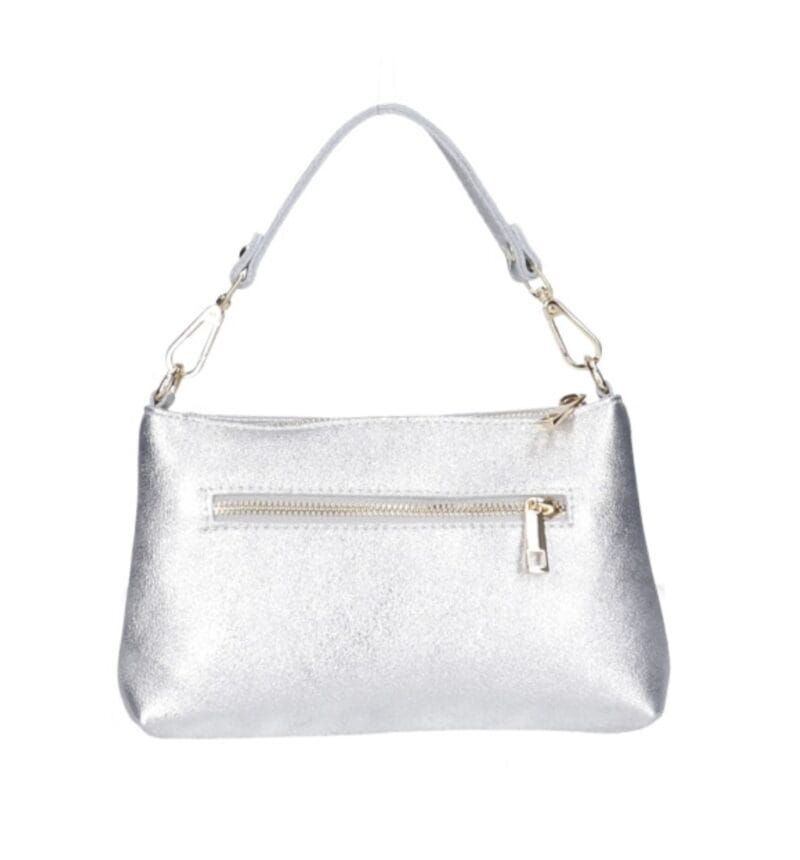 Leren Handtas Rada metallic zilver zilveren leren handtas gouden circel detail met langhengsel pouchette dames tassen leder leer kopen bestellen achterkant