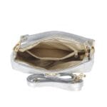 Leren Handtas Rada metallic zilver zilveren leren handtas gouden circel detail met langhengsel pouchette dames tassen leder leer kopen bestellen open