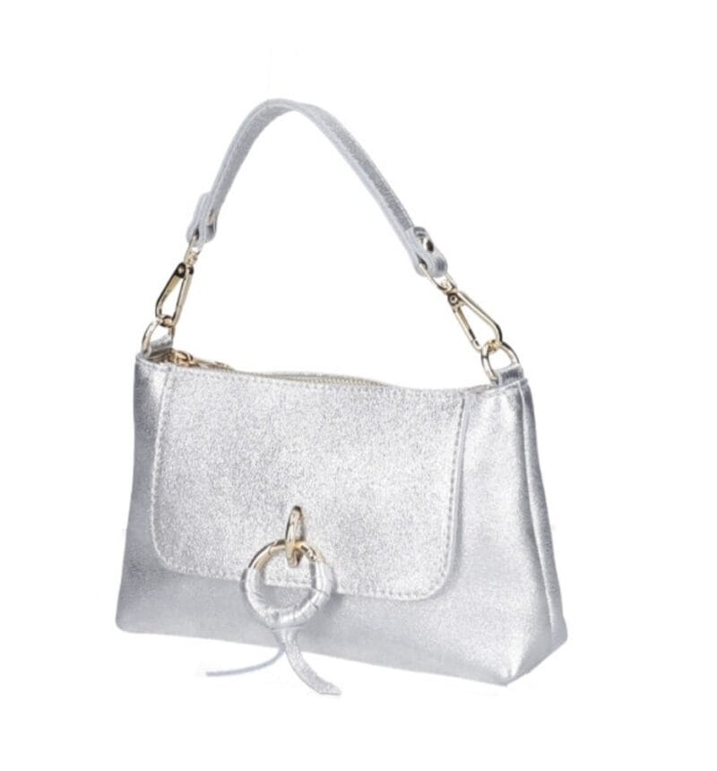 Leren Handtas Rada metallic zilver zilveren leren handtas gouden circel detail met langhengsel pouchette dames tassen leder leer kopen bestellen zij