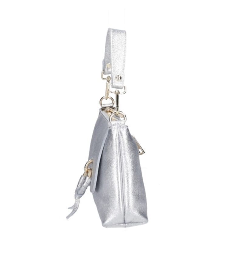 Leren Handtas Rada metallic zilver zilveren leren handtas gouden circel detail met langhengsel pouchette dames tassen leder leer kopen bestellen zijkant