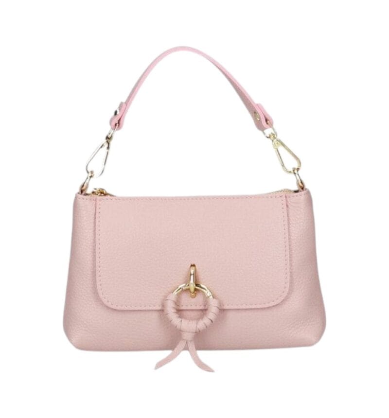 Leren Handtas Rada poederroze roze leren handtas gouden circel detail met langhengsel pouchette dames tassen leder leer kopen bestellen-Photoroom