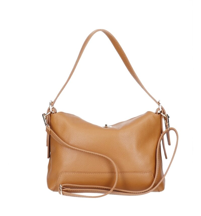 Leren Schoudertas Agata cognac trendy leer schoudertassen extra lang hengsel zilveren draaiknop chique tassen kopen bestellen achterkant