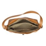 Leren Schoudertas Agata cognac trendy leer schoudertassen extra lang hengsel zilveren draaiknop chique tassen kopen bestellen open