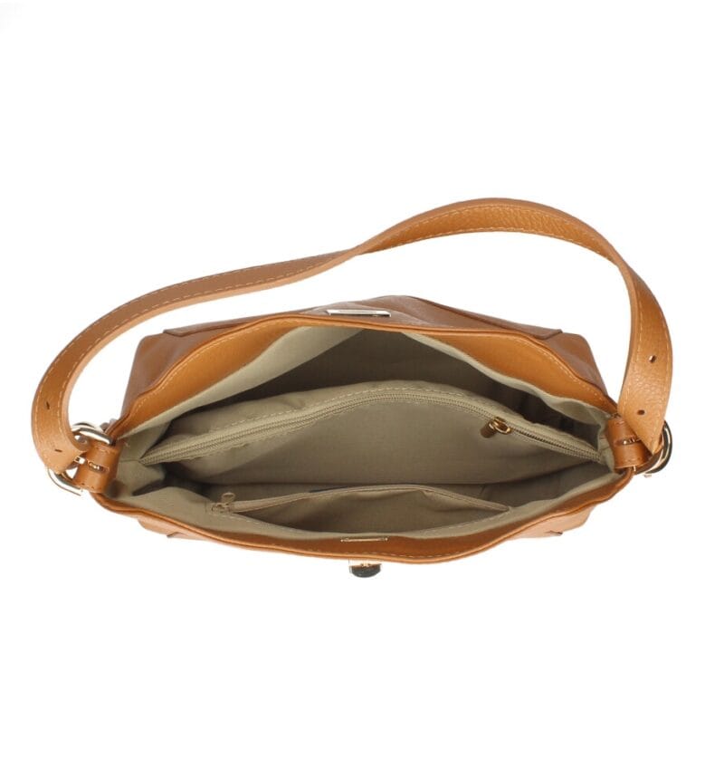 Leren Schoudertas Agata cognac trendy leer schoudertassen extra lang hengsel zilveren draaiknop chique tassen kopen bestellen open